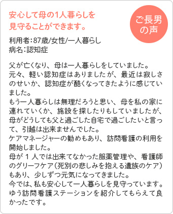 安心して母の１人暮らしを見守ることができます。利用者：87歳/女性/一人暮らし/病名：認知症